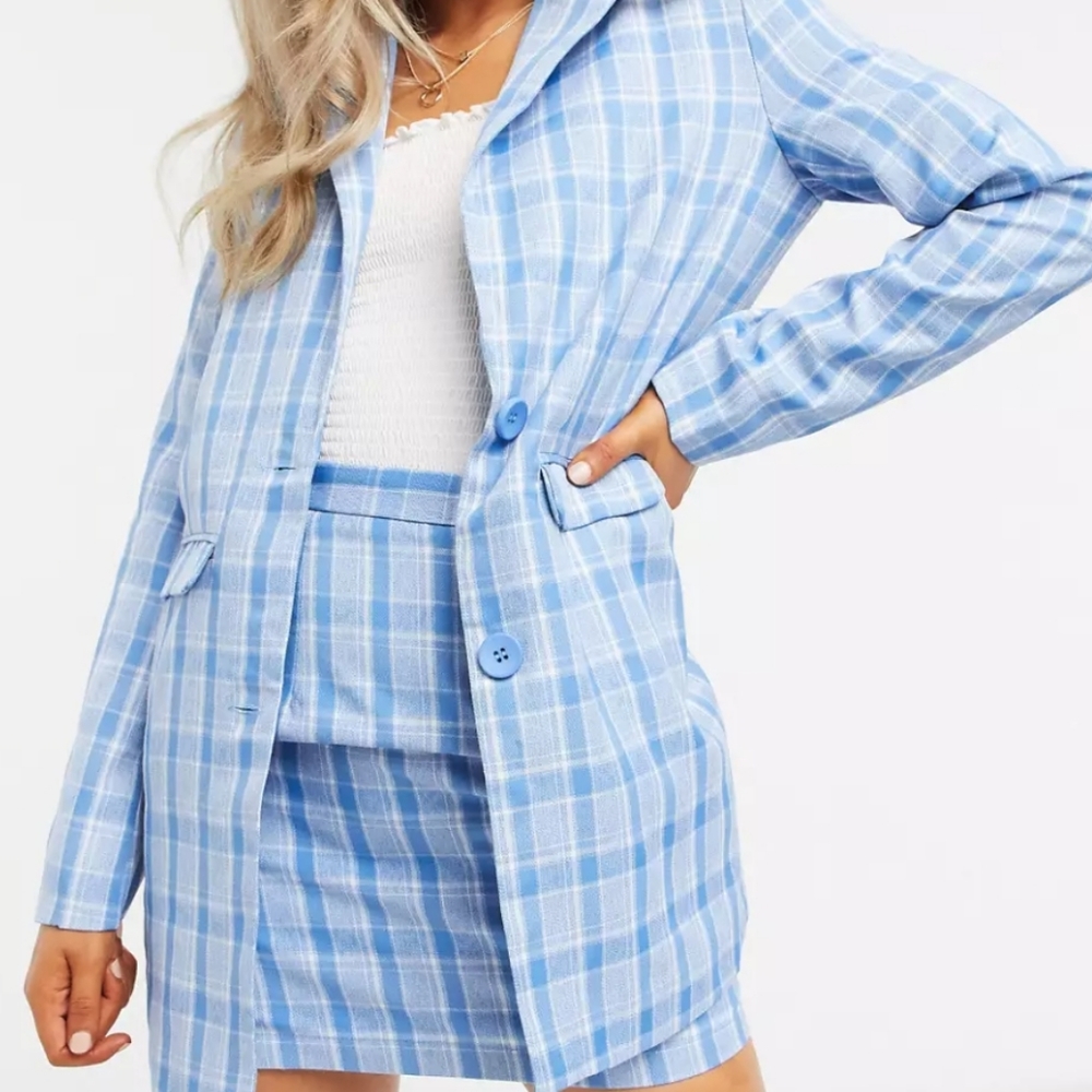 ASOS Heartbreak Longline Blazer in Blue Check US Size 4 NWT NEW - Picture 1 of 17